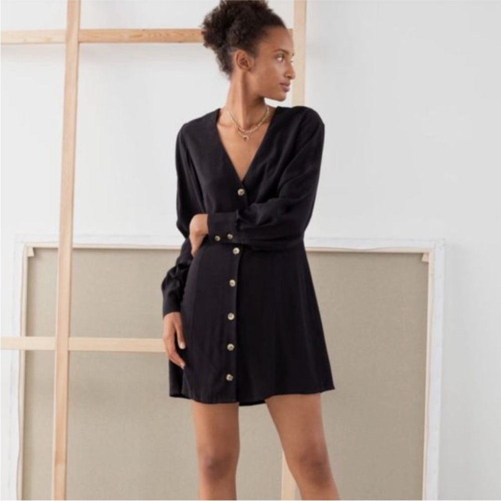 & Other Stories Black Long Sleeve V Neck Dress